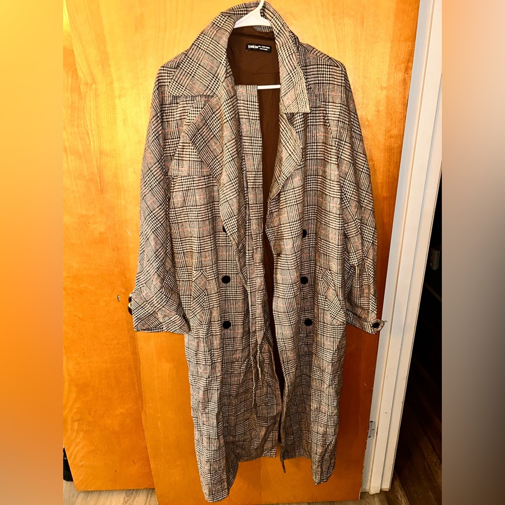 SHEIN Plaid Trench Coat in Brown and Black